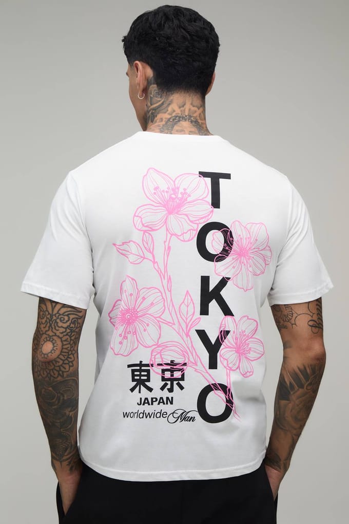 Lang Wit Oversized T-shirt Met Tokyo Bloemenprint | White | Size XL