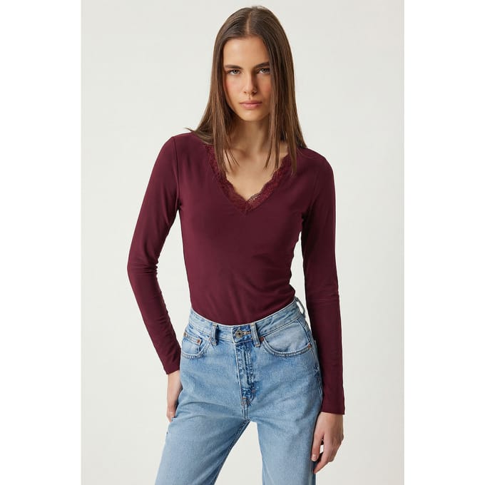 Kant V-hals Lange Mouwen Blouse