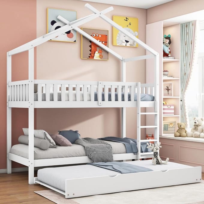 Kinderbed Huisje - Jeugdbed Uitschuifbaar - Ruimtebesparend Slapen - Ombouwbaar Tot Drie Bedden - 90x200 cm - Wit