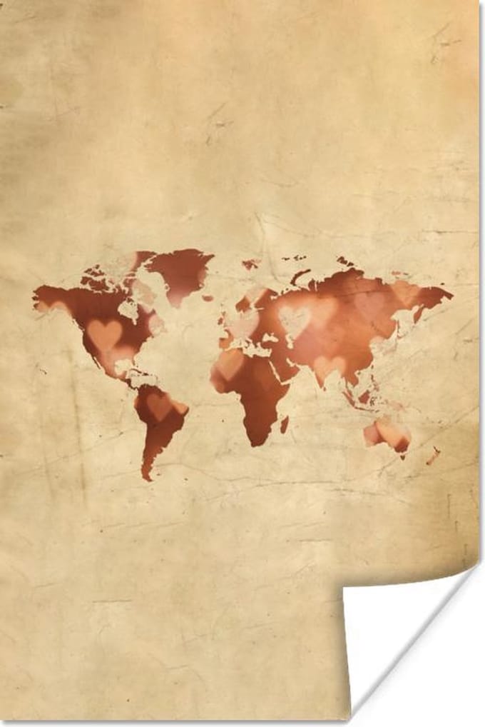 Poster - Wereldkaart - Hart - Papyrus - 80x120 cm