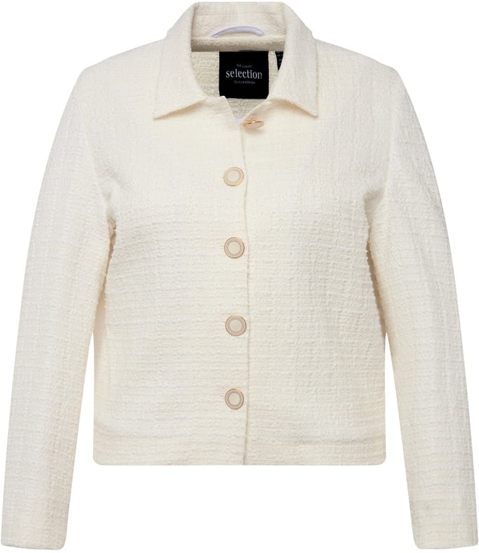 Ulla Popken - Dames - Bouclé-jasje overhemdkraag acetaatvoering - Off-white - Maat 46+