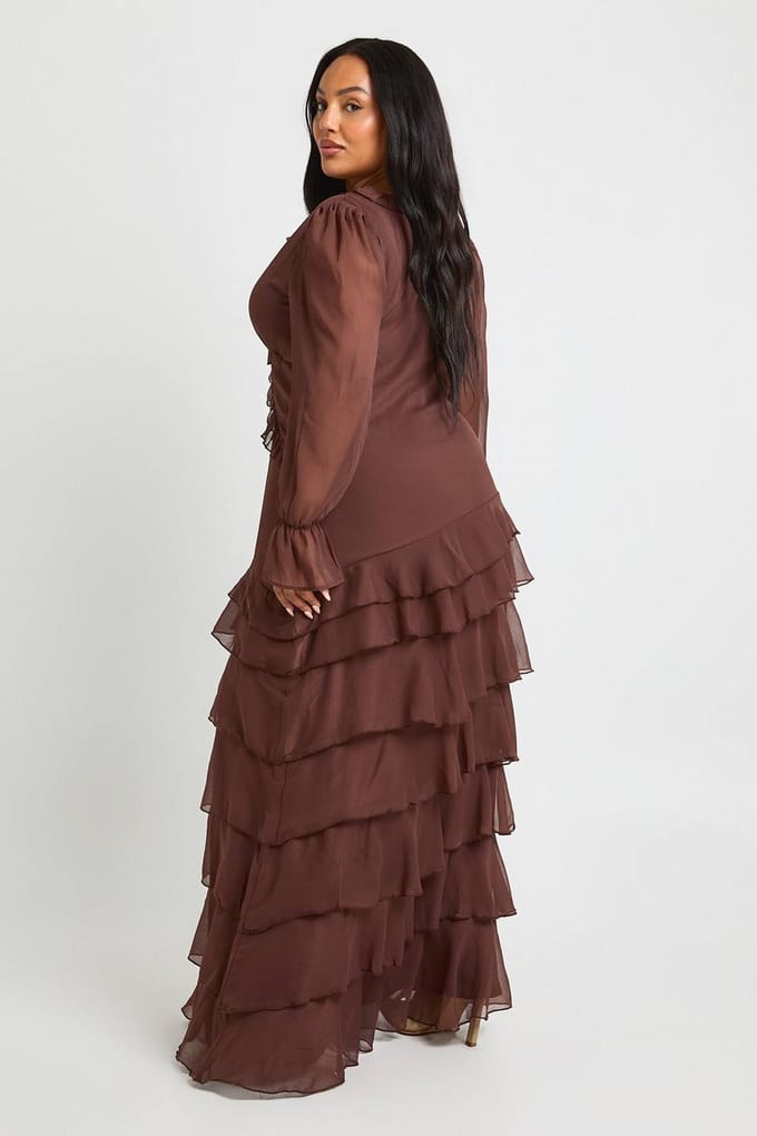 boohoo Dames Plus Chiffon Gerafelde Taille Skaterjurk | Chocolate | Maat: 16