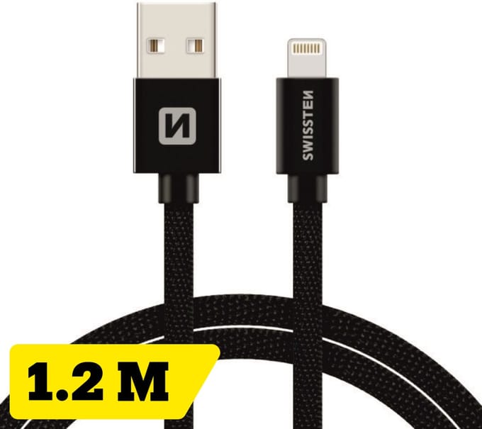 Swissten iPhone Oplaadkabel 1,2 meter - USB-A naar Lightning Kabel - Apple MFi Gecertificeerd - Geschikt voor iPhone 14/13/12/11/SE & iPad - Gevlochten Nylon - Zwart
