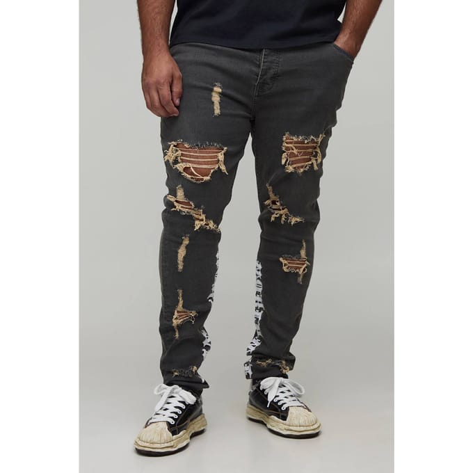 Plus Stacked Skinny Distressed Embroidered Gusset Jeans | Mid Grey | Size 54
