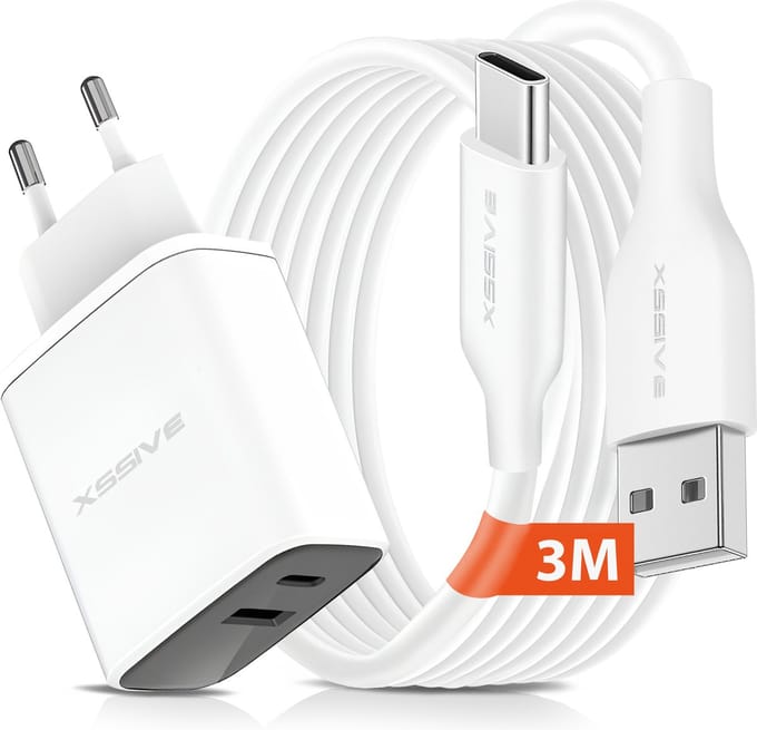 Oplaadstekker met USB C Kabel - Twee Poorten - USB-C + USB-A - 3 Meter - Geschikt voor Google, Samsung, iPhone 16 etc.,