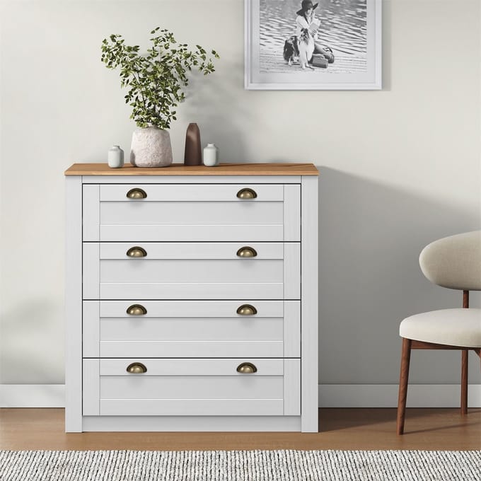 Commode BOLTON met 4 lades, grenenhout in wit/bruin