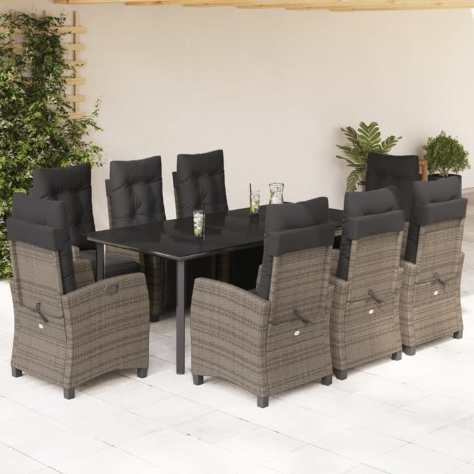 vidaXL - 9-delige - Tuinset - met - kussens - poly - rattan - grijs