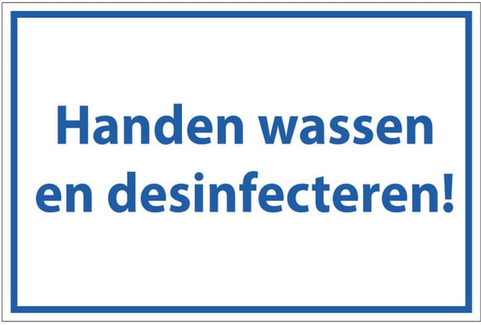 Handen wassen en desinfecteren tekststicker 200 x 125 mm