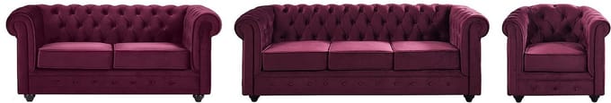 Vente-unique Drie- en tweezitsbank en fauteuil van purper velours CHESTERFIELD