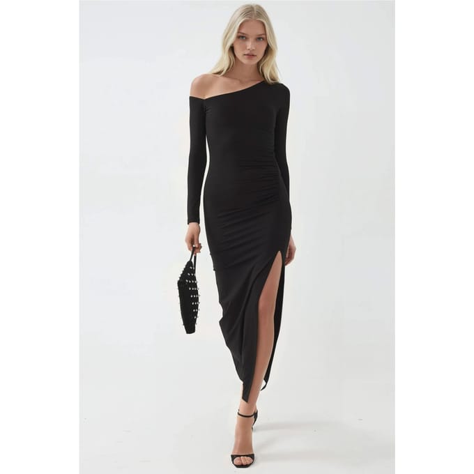 Asymmetrische Kraag Maxi Jurk met Split