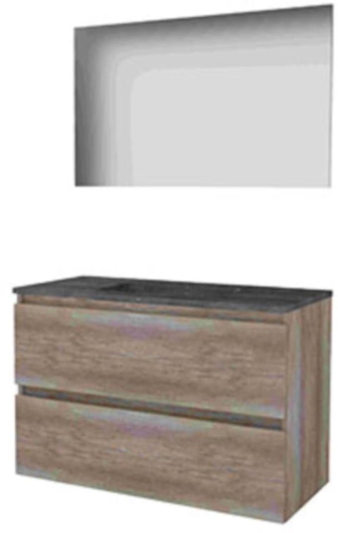 Basic-Line Basic 46 Badkamermeubelset - 100 x 46 cm - Greeploos - 2 Lades - Hardstenen Wastafel - 1 Kraangat - Spiegel - Scotch Oak