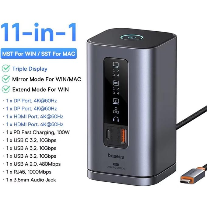 Baseus dockingstation USB Type-C splitter hub stekker multi-interface converter geschikt voor MAC computer multi-scherm weergave grijs