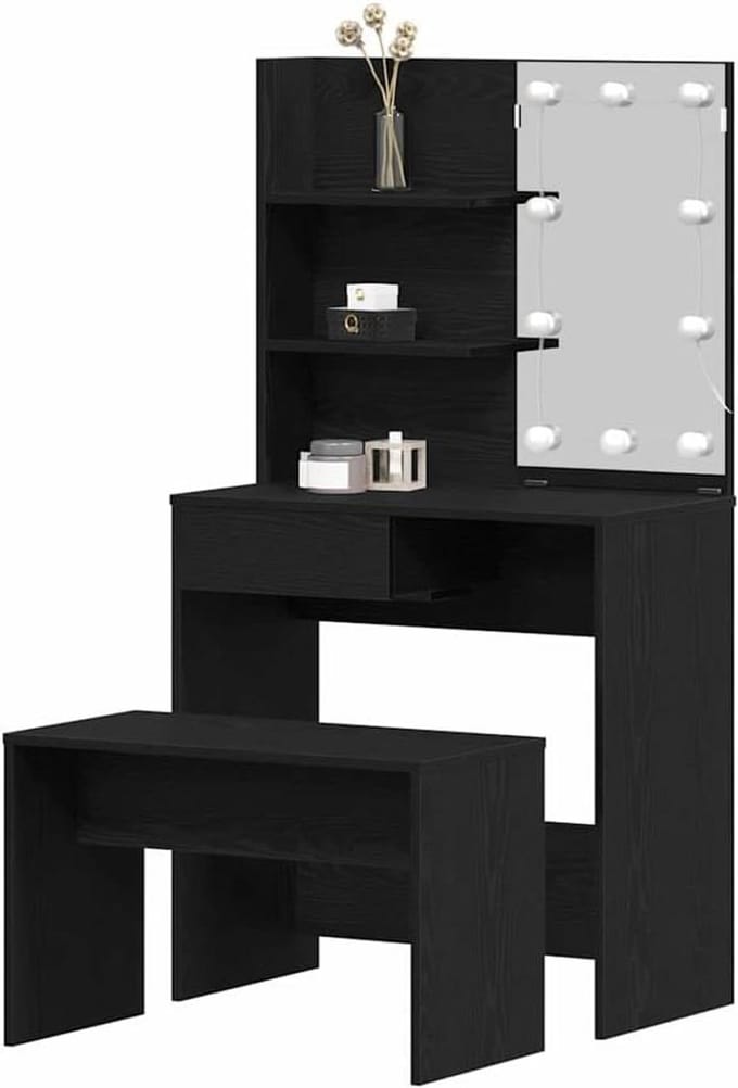 Kaptafel Set - Make-up Tafel - Schoonheidsroutine - Geïntegreerde LED spiegel - 74.5 x 40 x 141 cm - Zwart Eiken