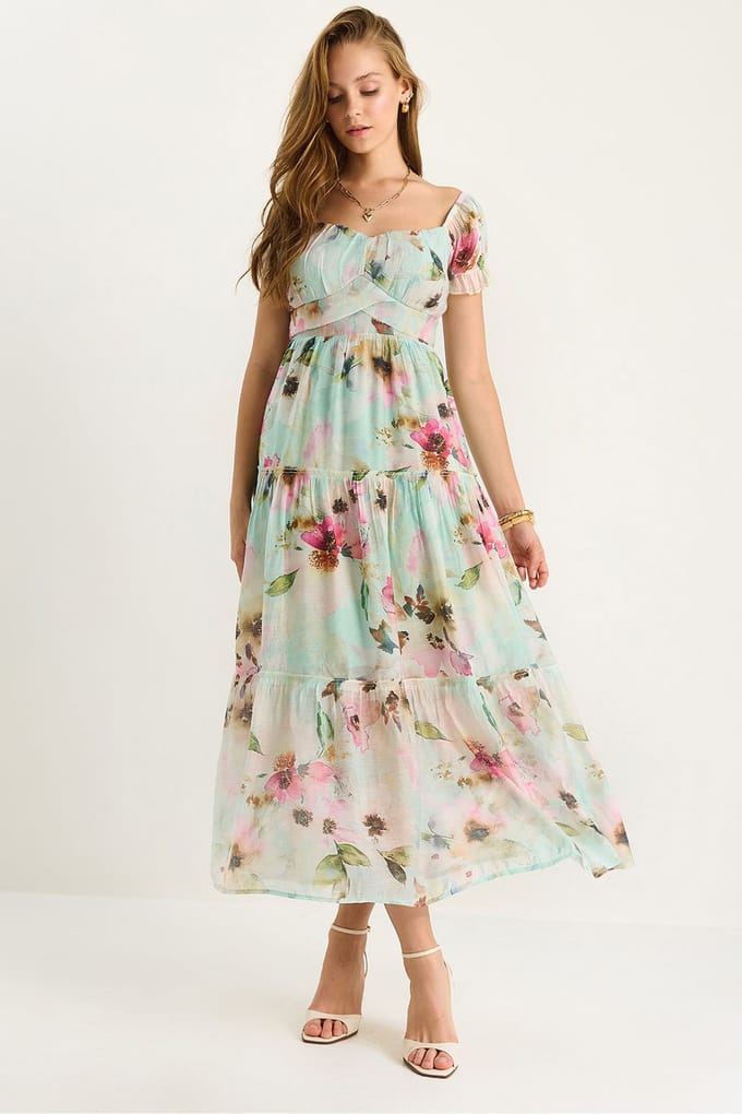 Midi-jurk met hartkraag en bloemenprint