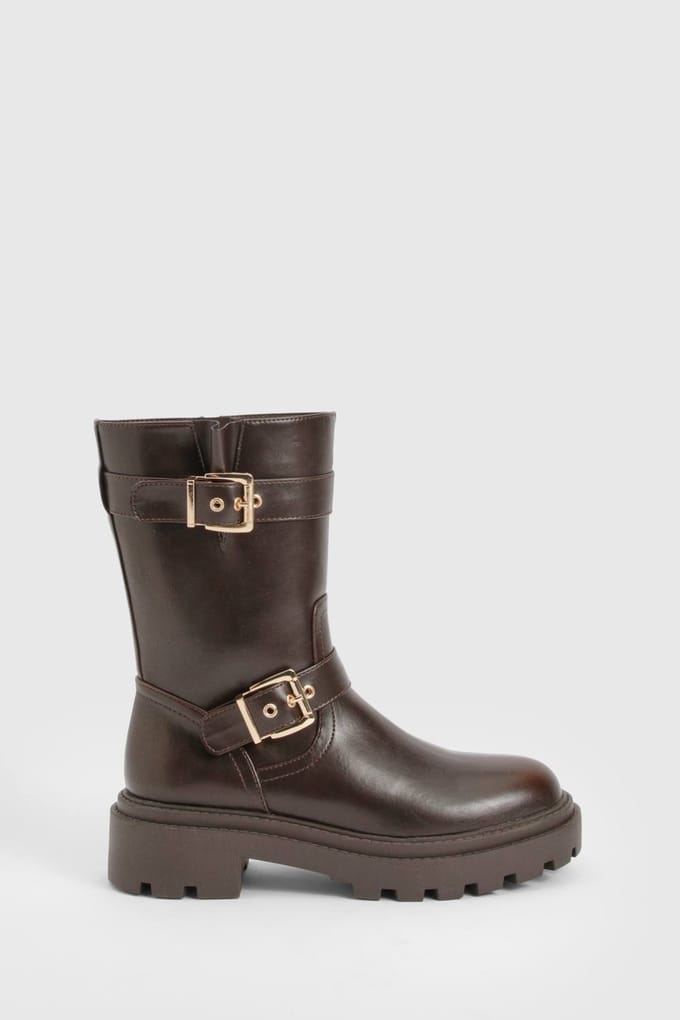 boohoo Dames Hikerlaarzen met dubbele gespdetails | Chocoladebruin | Maat: 41