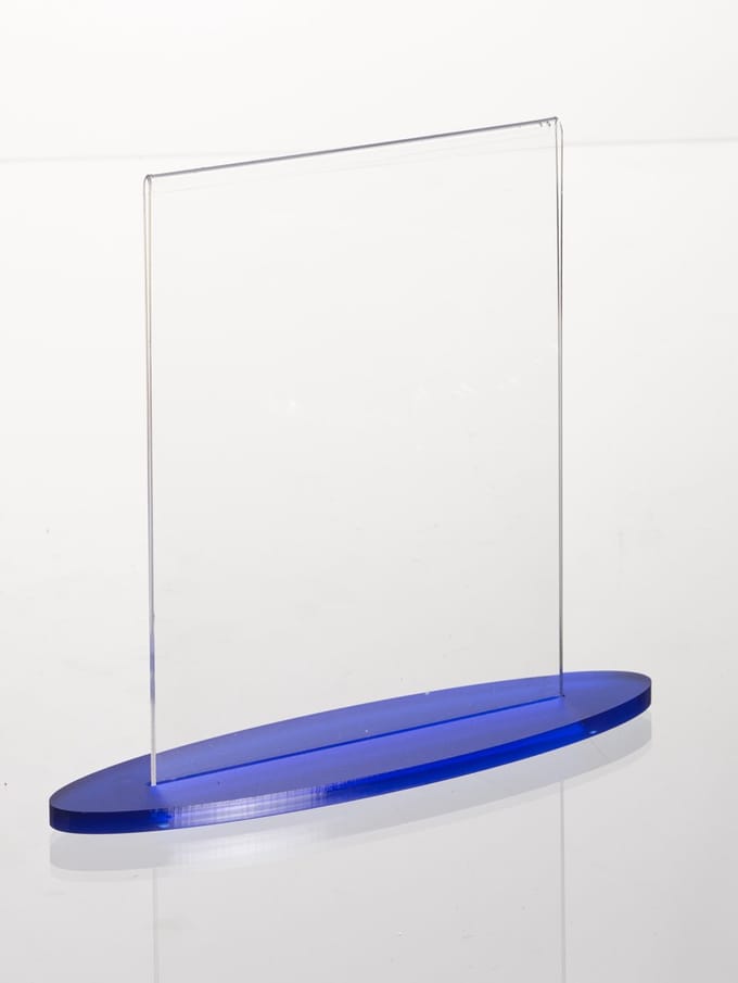 Kaarthouder Ellips, ovale blauwe voet, acrylaat , A5, 6 x 22 x 21 cm