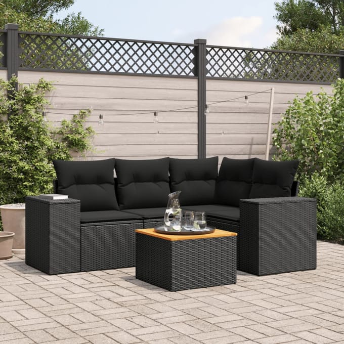 vidaXL - 5-delige - Loungeset - met - kussens - poly - rattan - zwart