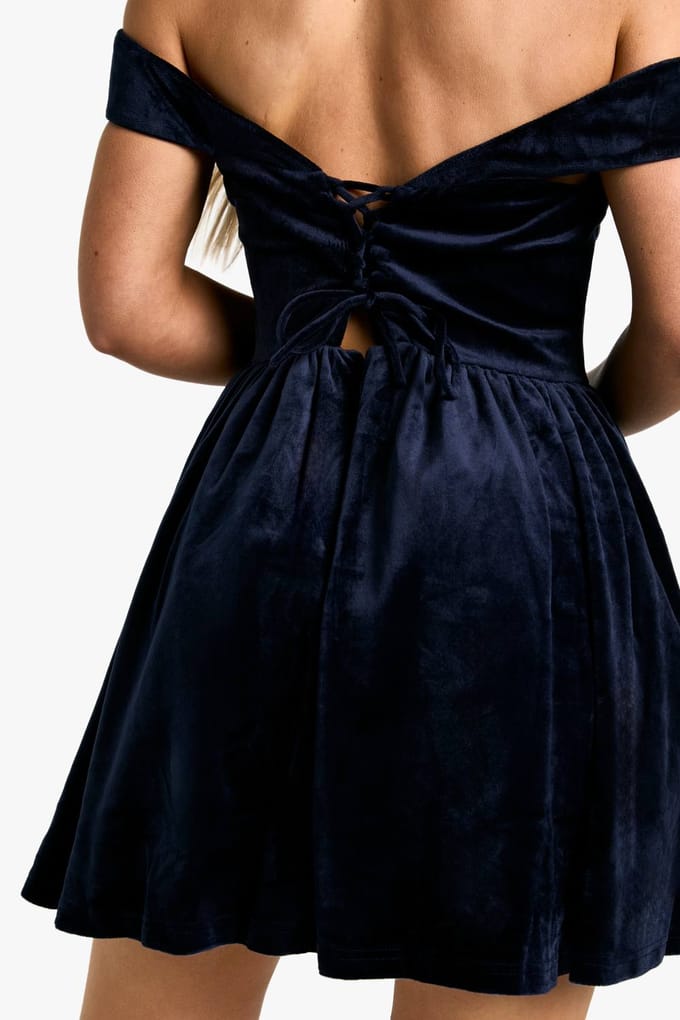 boohoo Dames Velvet Bardot Gestructureerde Skaterjurk | Navy | Maat: 10