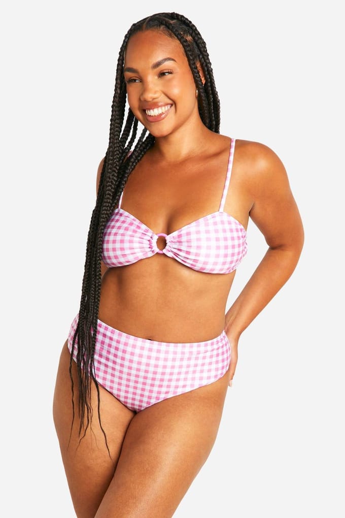 boohoo Dames Plus Gingham Print O Ring Hoge Taille Bikini Top | Roze | Maat: 56