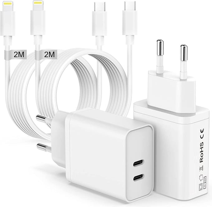 Dubbele usb C Oplader + Oplaadkabel geschikt voor iPhone - 2 Meter - Lightning naar usb-C - 35w Snellader - Dubbele usb C Stekker - Oplader geschikt voor iPad 2017 t/m 2021 - Usb C Adapter