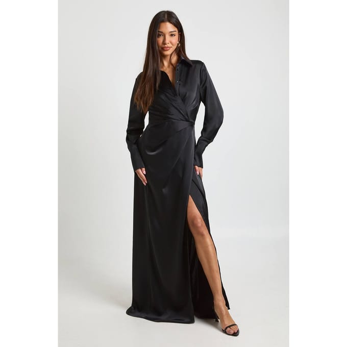 boohoo Dames Satijnen Drape Taille Lange Mouw Maxi Blousejurk | Zwart | Maat: 36
