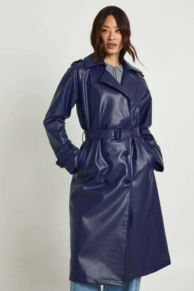 boohoo Dames Lange kunstleren trenchcoat | Navy | Maat: 8
