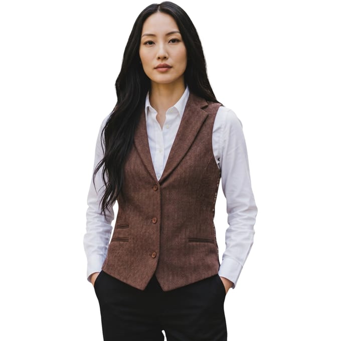 Dames roestbruine visgraatwol tweed geruite gepersonaliseerde vest - WS-1