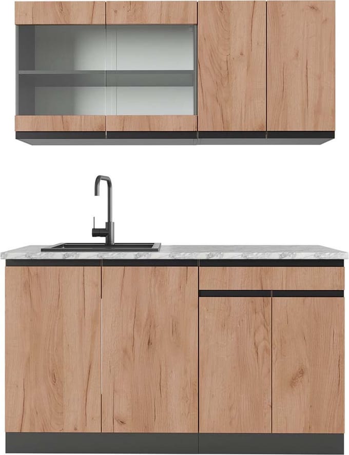 Vicco R-Line Eenpersoonskeuken – 140 cm, WB Marmer Eik goud/antraciet