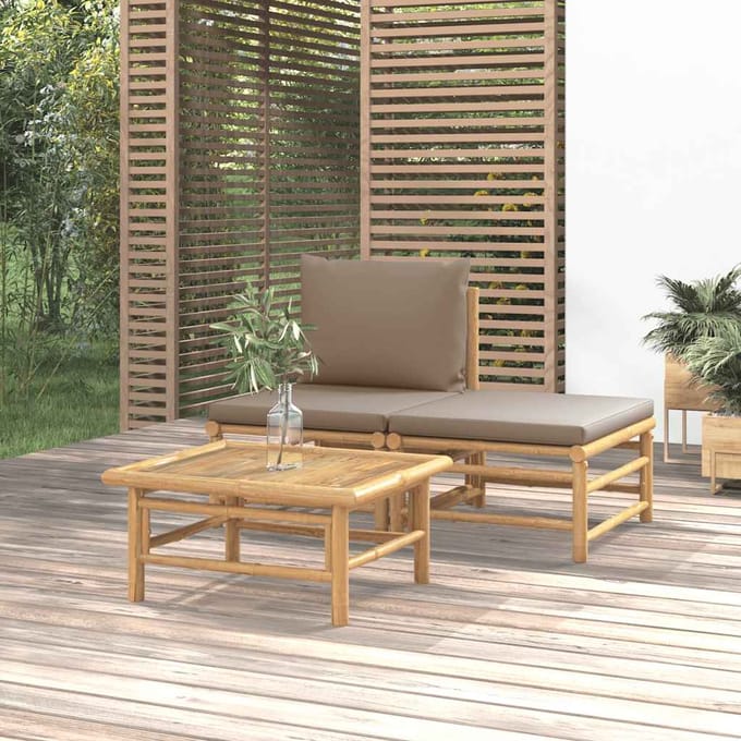 vidaXL - 3-delige - Loungeset - met - kussens - bamboe - taupe