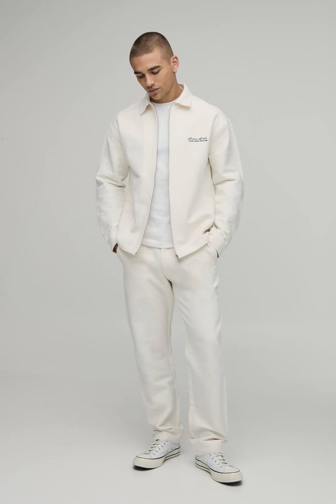 Textured Twill Regular Zip Up Overshirt & Straight Trouser Set | Ecru | Size Medium