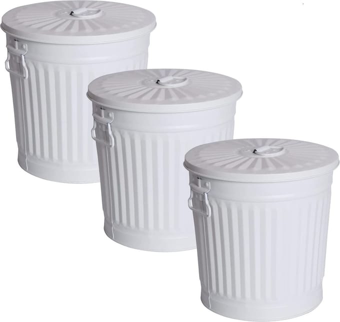 JGS® - Set van 3 Retro Design Vuilnisbakken met Deksel Klassiek Wit Grote Capaciteit -