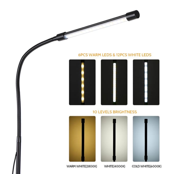 Dimbare USB vloerlamp LED's staande lamp 3 kleurtemperaturen 10 helderheidsniveaus Hoge lumens Schakelbediening zwart
