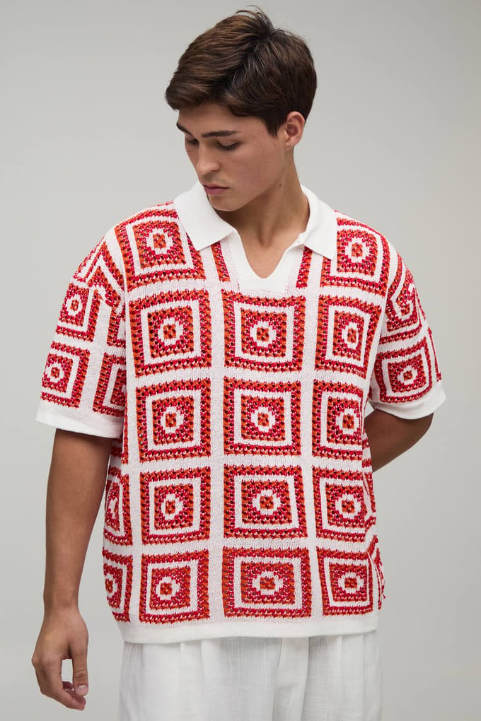 Oversized Boxy Crochet Tapestry Knitted Polo T-Shirt | Red | Size Medium