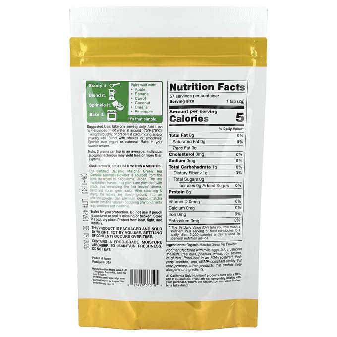 Superaliment Poudre de Thé Vert Matcha Bio, 114G(4oz) yellow