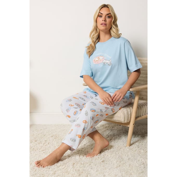 Yours Blauwe Pyjamaset Met Wijde Pijpen En 'Currently Cat Napping' Met Opschrift Size 46-48