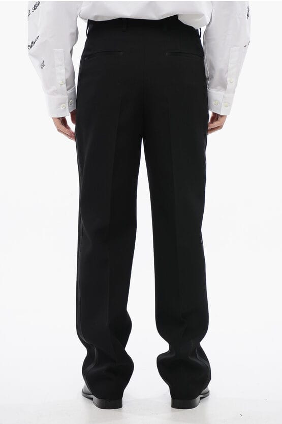 Dubbelgeplooide wollen broek met hoge taille in zwart
