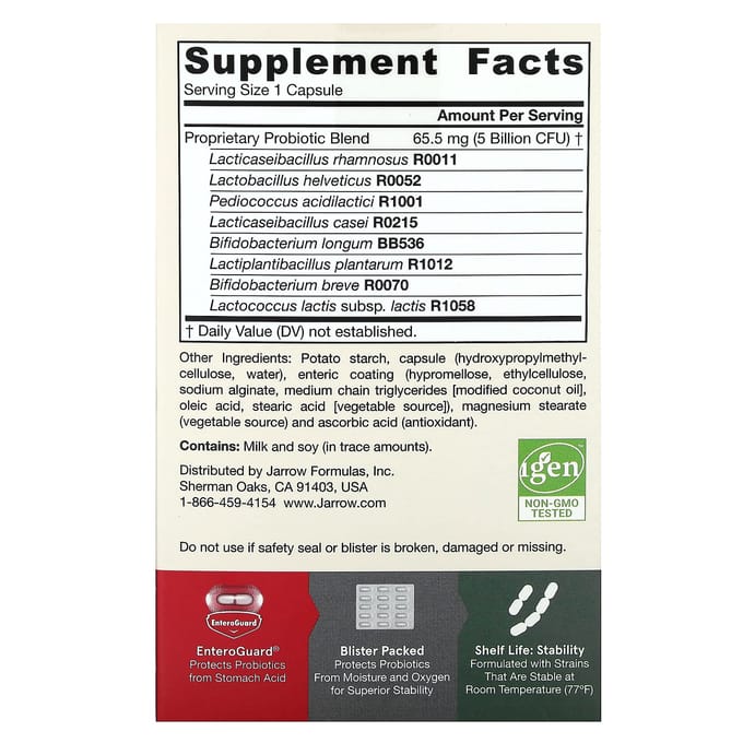 Jarrow Formulas, Jarro-Dophilus, EPS, spijsverteringsprobioticum, 5 miljard CFU, Enteroguard 30 plantaardige capsules
