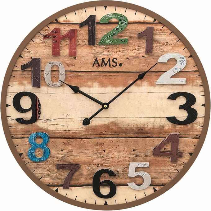 AMS W9539 - Wandklok - Hout - Cijfers - diameter 50 cm - Bruin - Multikleur