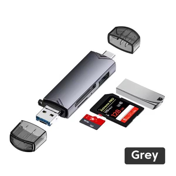 6-in-1 Kaartlezer USB 3.0 naar Type C Micro USB Universele OTG Adapter Multifunctionele Adapter SD TF Hoge Snelheid Transmissie gray