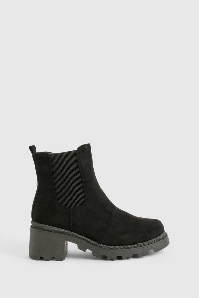 boohoo Dames Wide Fit Nep Suede Low Block Chelsea Boots | Black | Maat: 4