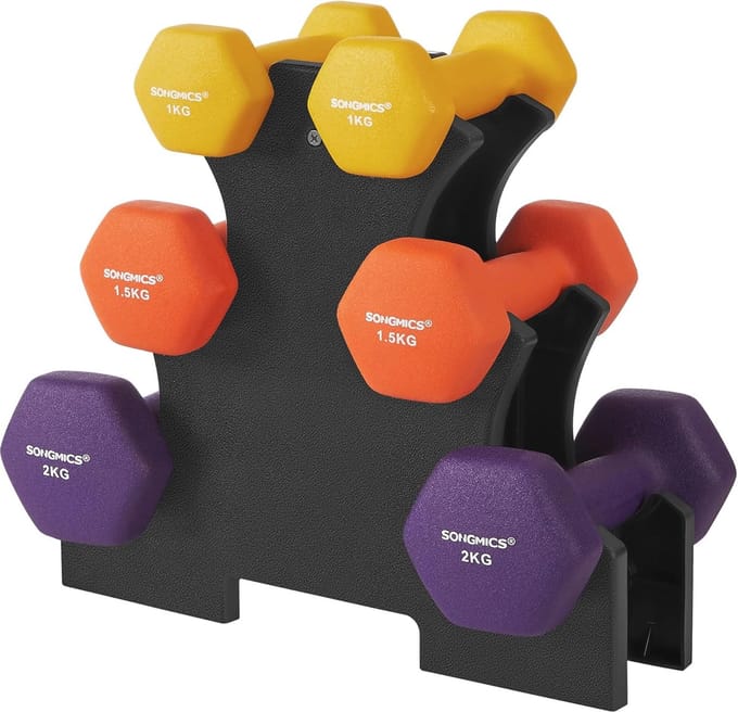Halterset voor thuistraining - 6 korte halters (1kg, 1.5kg, 2kg) en houder