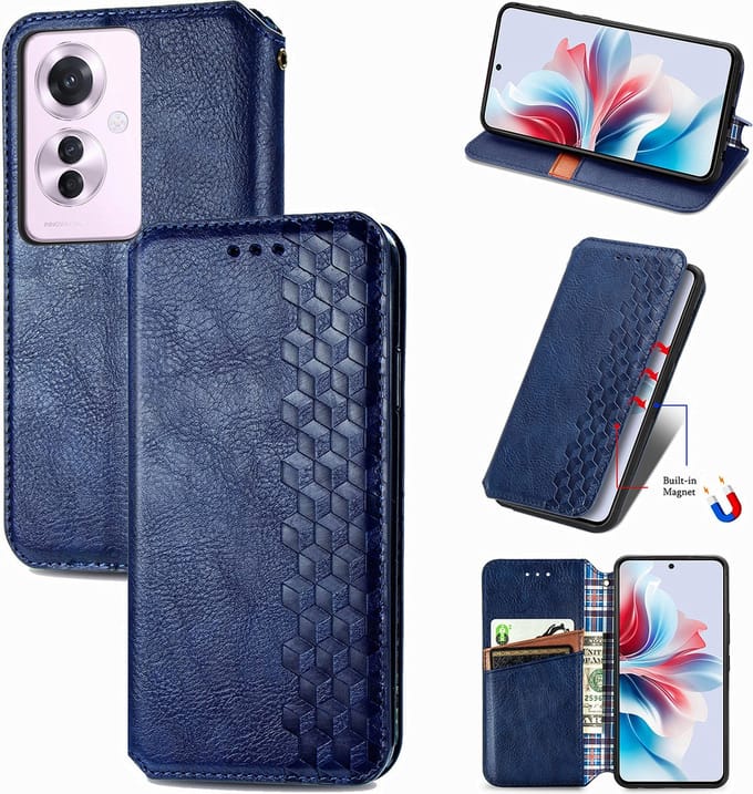 Luxe PU Lederen Ruitpatroon Wallet Case + Glas Screenprotector voor OPPO Reno11 F 5G _ Blauw