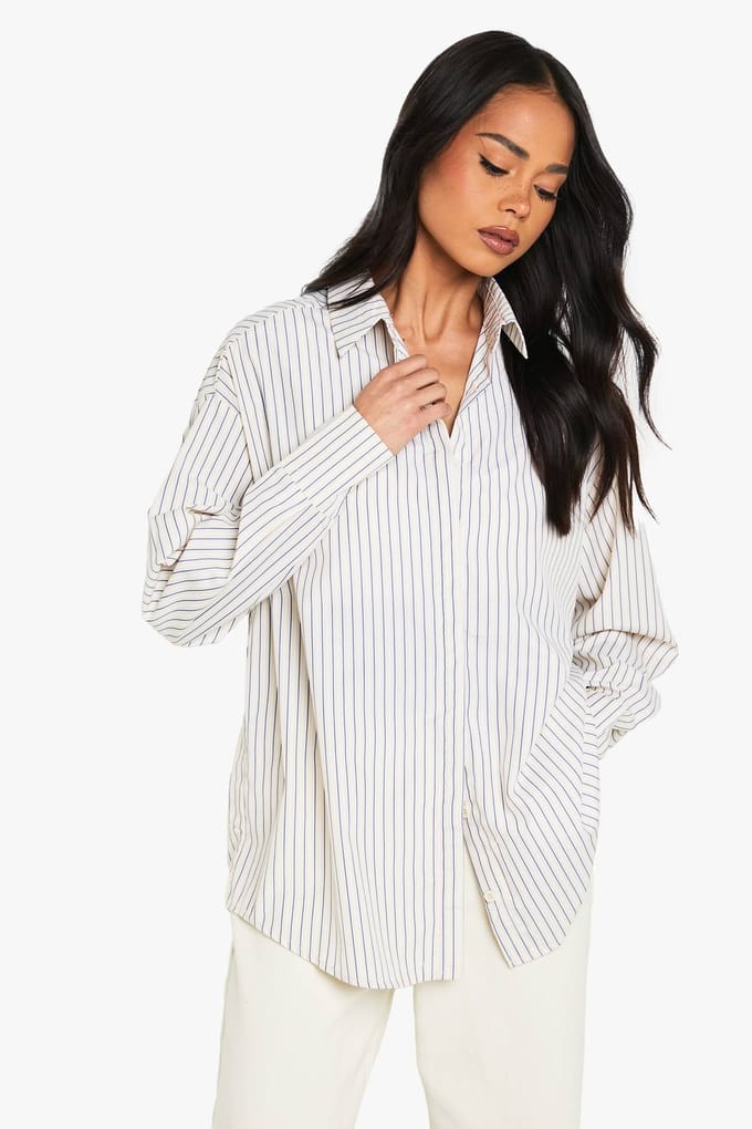 boohoo Dames Oversized Fijn Gestreept Overhemd | Stone | Maat: 6