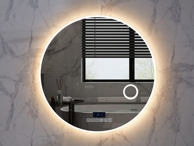 Mawialux LED Badkamerspiegel - Dimbaar - 90cm - Rond - Verwarming - Digitale Klok - Vergroot spiegel - Bluetooth - Laine