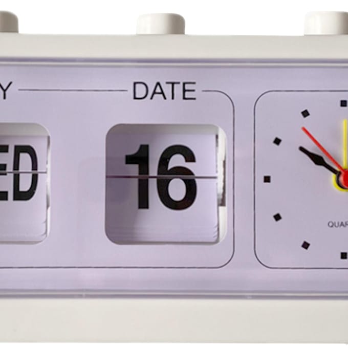 Bureau- en tafelwekker met handmatige springkalender, bureauwekker voor studeerkamer, kantoor, wit wit