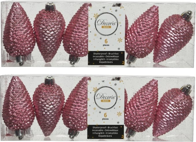 Decoris Kersthangers dennenappels - 12x - lippenstift roze - glitter - 8 cm - kunststof