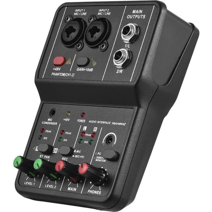 Audio Interface Professionele opnamegeluidskaart 16bit/48kHz Mini USB Audio Interface Geluidskaart 2-In & 2-Uit met 48V Phantom Power USB-B Kabel zwart