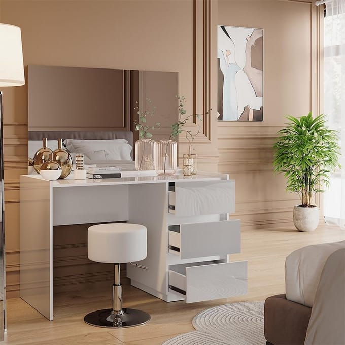 Moderne Kaptafel Wit Hoogglans 120 cm met Spiegel en Kruk - Slaapkamerkapset
