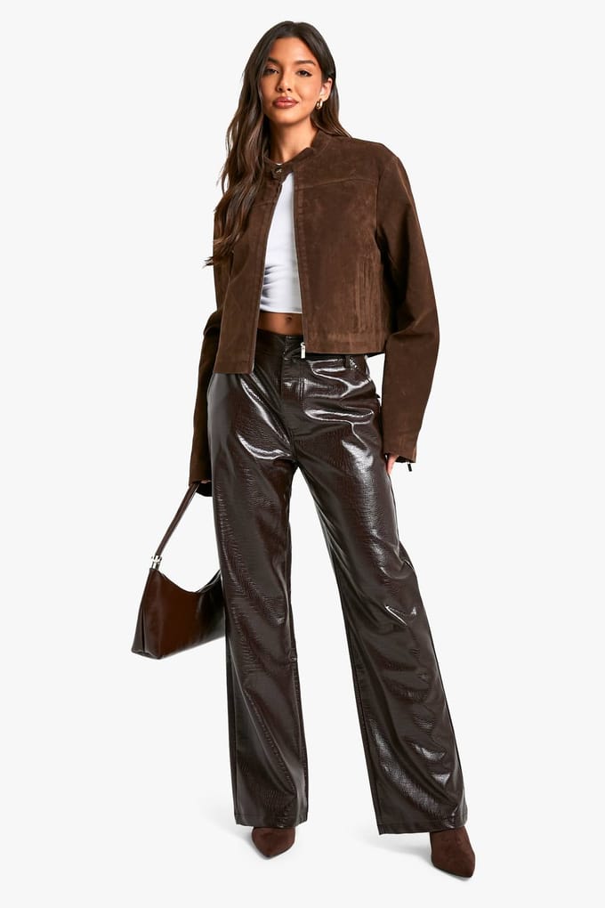 boohoo Dames Croc Pu Broek met Rechte Pijpen | Chocolate | Maat: 14
