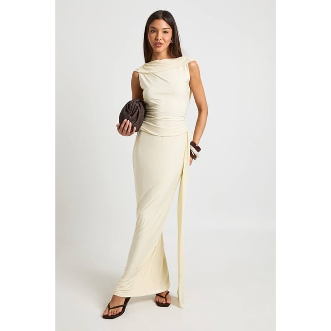 boohoo Dames Slinky Maxi Rok Met Mesh Drapering | Cream | Maat: 8